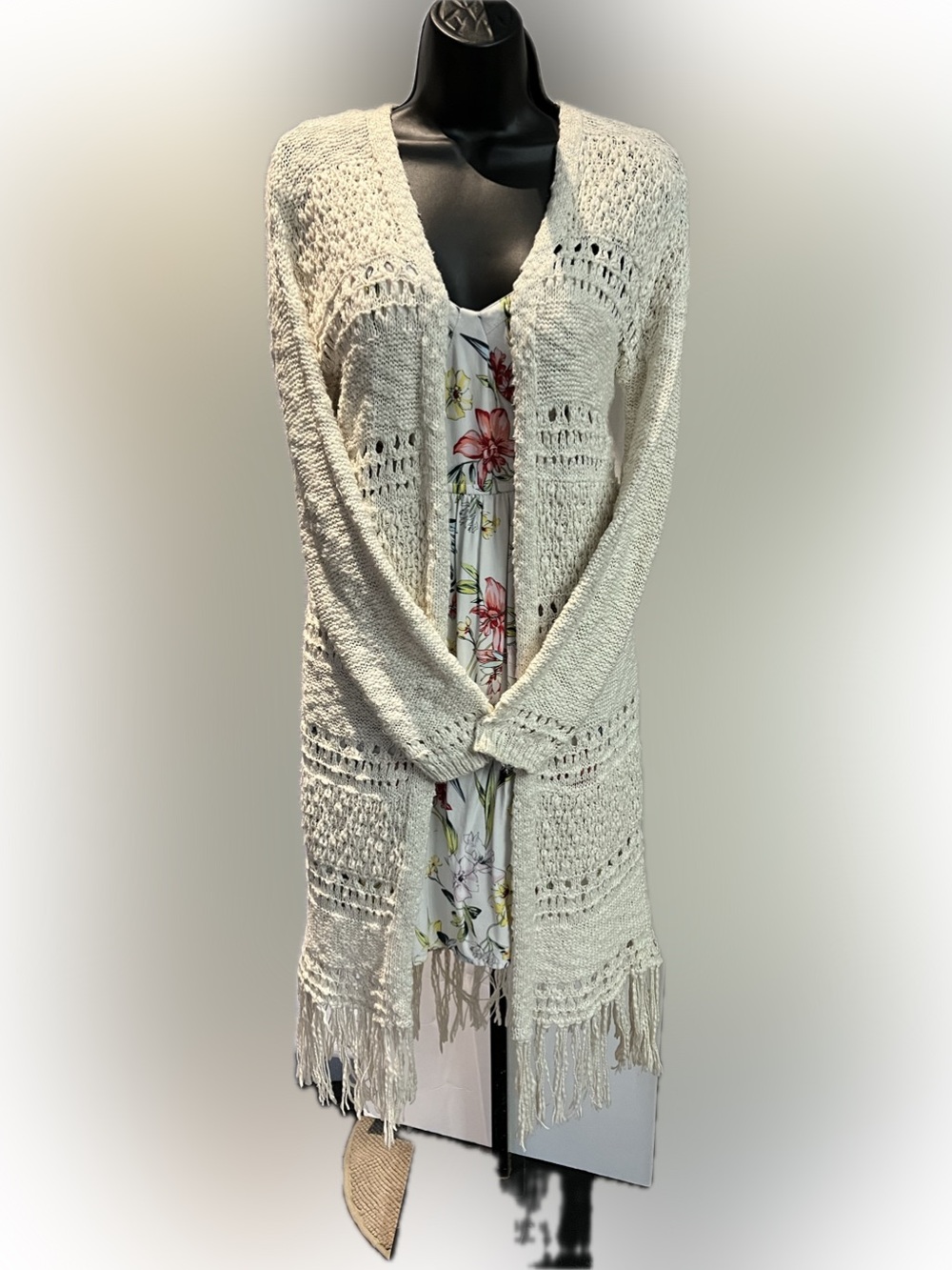Sun & Shadow Cream Crochet Open-Knit Fringe Duster Cardigan 100% Cotton